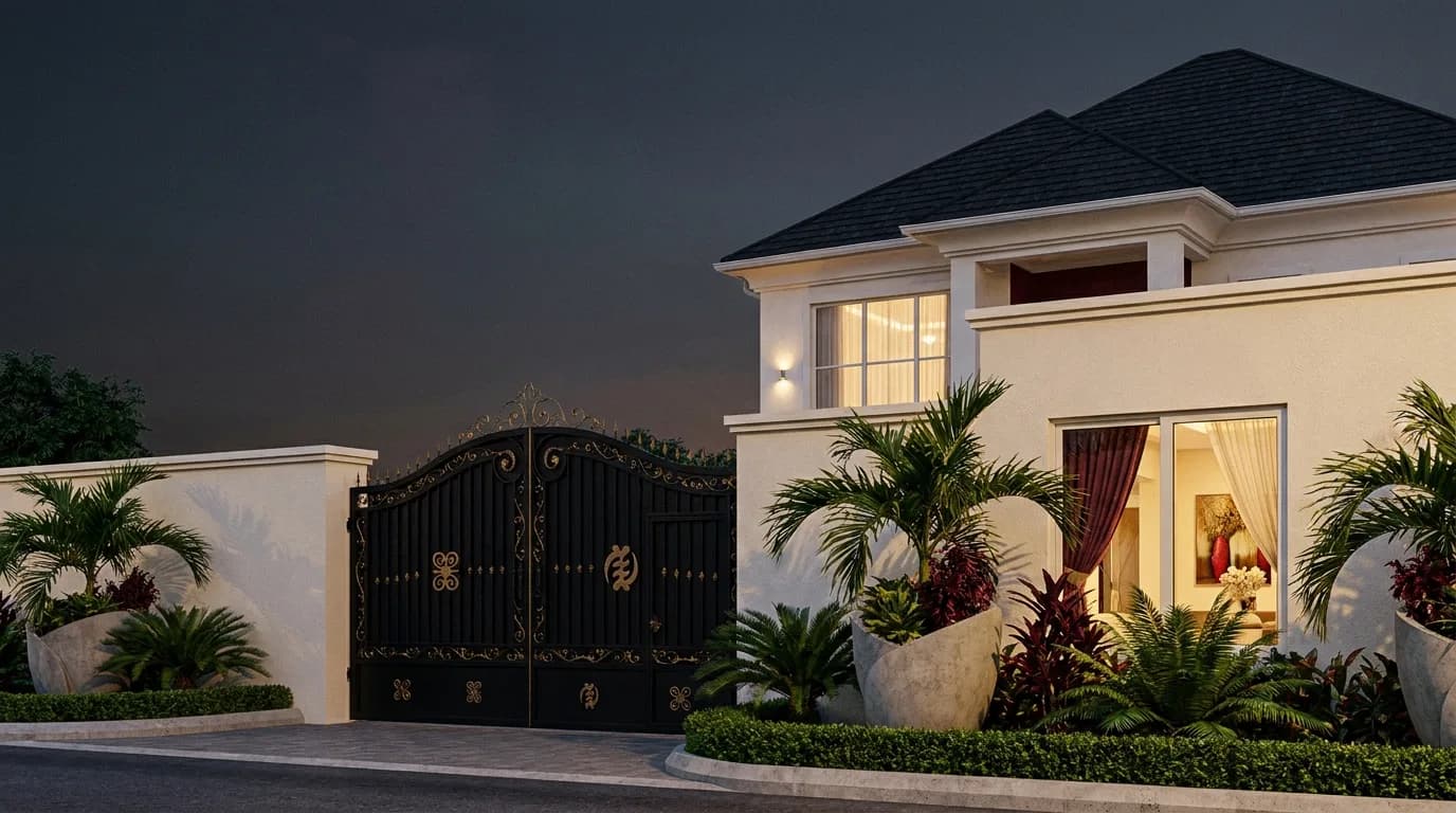 Ornamental double-gate concept in our signature scrollwork style.